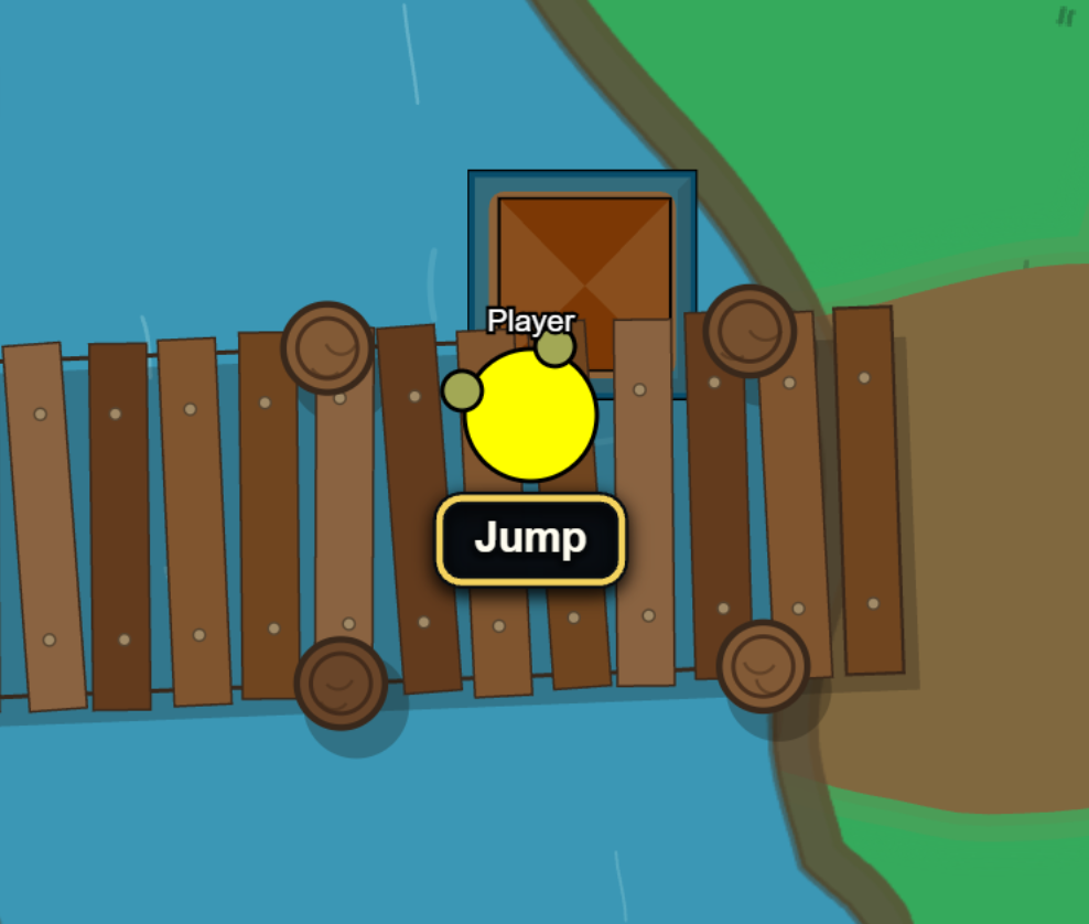 Player on a wooden bridge beside a crate and riverbank, with a Jump interaction prompt